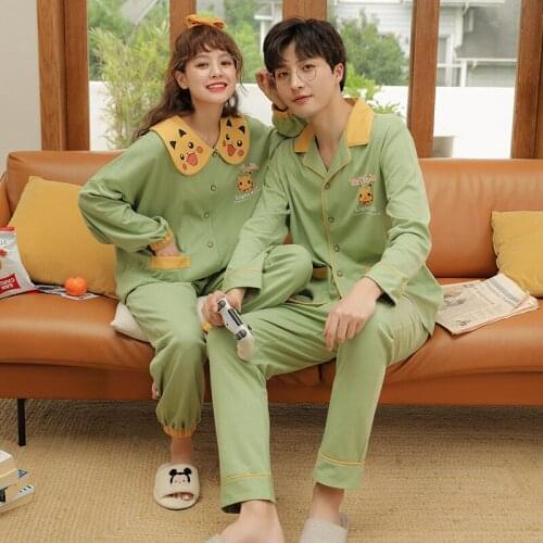 Autumn and Winter Knitted Cotton Couples Long-Sleeved Pajamas Womens Cardigan Cartoon Leisure Tops Mens Suit Pajama Set