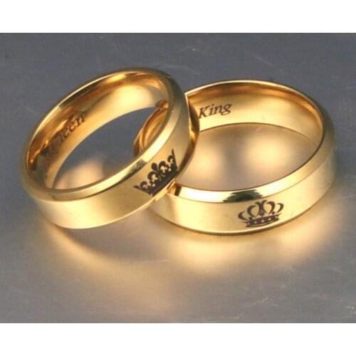 Gold colour King And Queen Stainless Steel Crown Couple Rings Gold Rings For Couples Lovers Love Promise Rings For Men Women