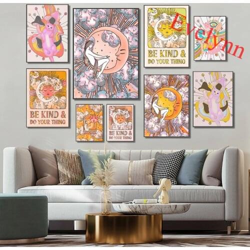 Retro Psychedelic Moon Goddess Hippie Poster,70s Sun And Moon Witchy Home Decor Canvas, 70s Psychedelic Cat Wall Art Print,Gift