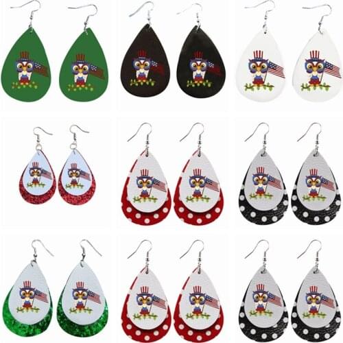 Wholesale Patriotic Owl Faux Leather Earrings 4th Of July Gifts Bulk Earrings For Women