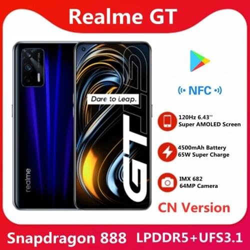 Official Realme GT 5G Smart Phone Snapdragon 888 5nm 120Hz 6.43'' Super AMOLED Screen 3D Glass Body 4500mAh 65W Super Charge NFC
