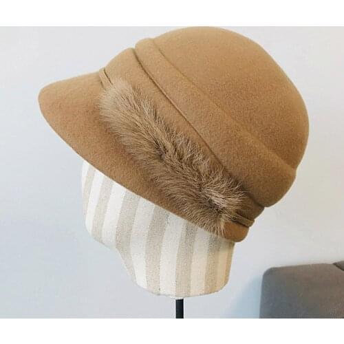 Warm Soft Winter Hat for Women Real Fur Adorn Wool Beret Hat Lady Cloche Round Hat Crushable Chunky Bucket Vintage Hat Visor Cap