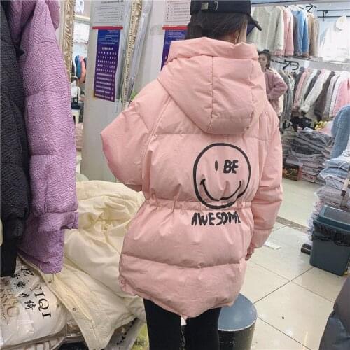 Woman Jacket Parkas Coat Back Smiley Printed Down Cotton-Padded Coat For Women Winter Drawstring Coat Veste Femme