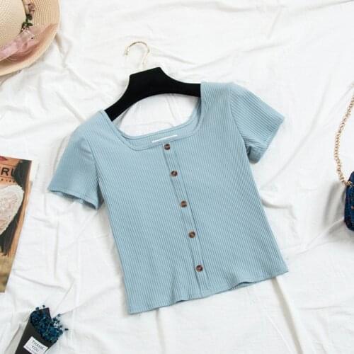 HELIAR Women T-shirts Square Collar Knitting T-shirts With Buttons Cotton LadiesSolid Short Sleeve T-shirts 2021 Summer Women