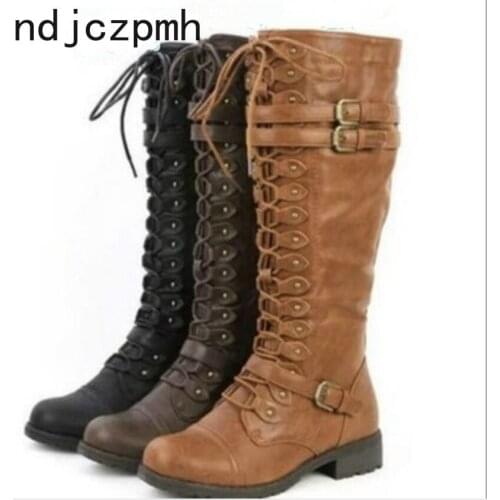 Womens Boots Autumn And Winter New fashion Round head Lace-up belt buckle Low-heeled High tube Womens shoes plus size 34-43