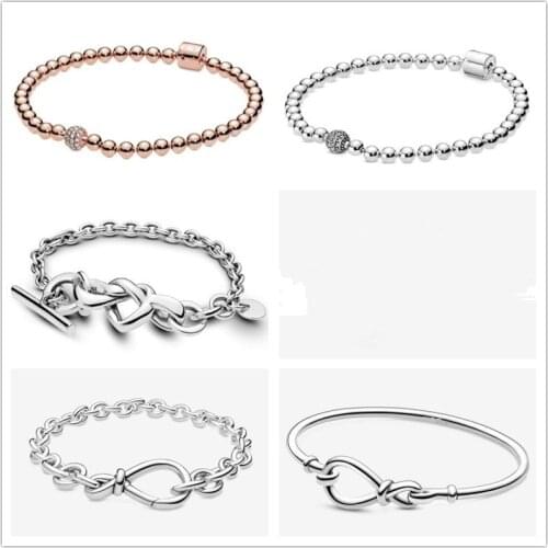 925 Sterling Silver Knotted Heart Heart-embellished T-clasp Link Bangle Bracelet Fit Women Bead Charm pandora Jewelry
