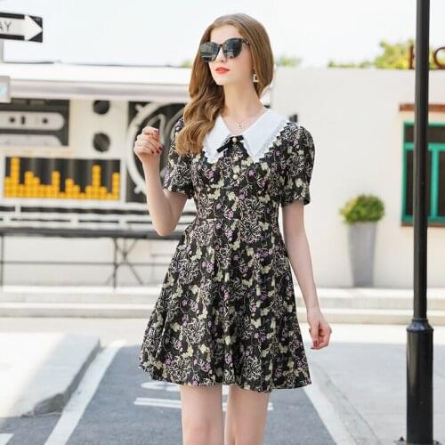 Sweet Lace Peter Pan Collar Bows Print High Waist Dress 2021 Summer Cute Short Dress for Women Short Sleeve A Line Floral Dress