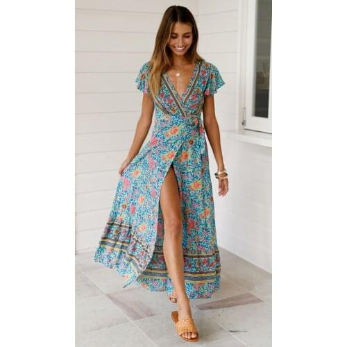 2021 Ladies Summer Dress Independent Folk Women Sexy Print Bowknot Beach Wrap Dress V-neck Boho Dress Elegant Party Sun Dress