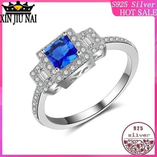 100% Sterling Silver 925 Zirconia Full Blue Princess Square Diamond Rectangle Vintage Cutout Womens sapphire ring