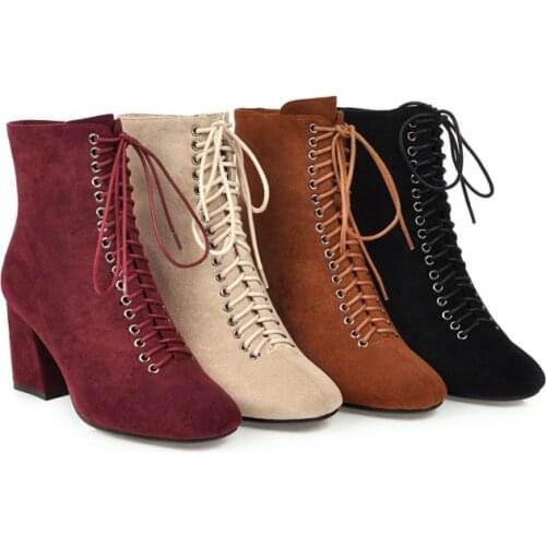 Apricot Plush winter Martin boots wine red cross tie zipper round head with all kinds of temperament Plush thick high heels wome