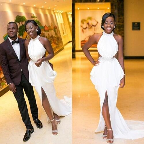 African Halter Mermaid Prom Dresses Elegant Lace Cutaway Sides Front Split Evening Gowns Ruched Sexy robes de soirée