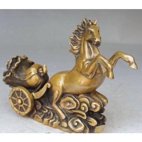 9" Chinese Fengshui Bronze Zodiac Year Horse Animal Pull Cabbage Lucky Statue
