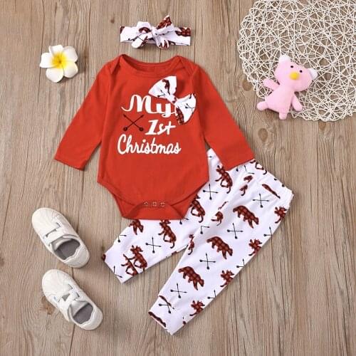 Infant Girl Christmas Long Sleeve Romper+ Trousers+ Headband, Bow-knot Cute Animal Print Decoration Spring Clothing