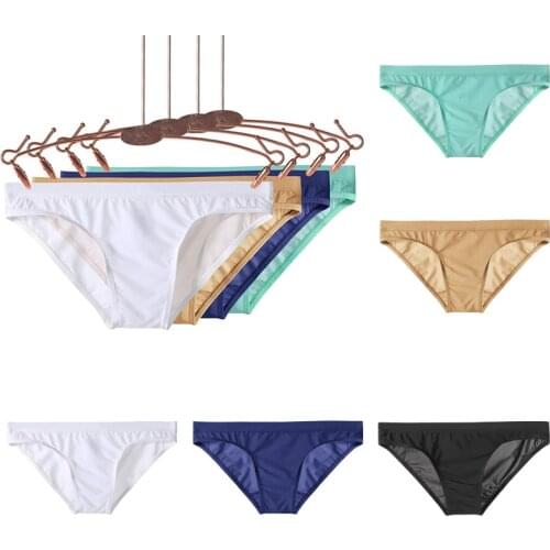 Mens Briefs Sexy Low Waist Ice Silk Underwear Solid Color Underpants Male Translucent Bikini Skinny Breathable 2021