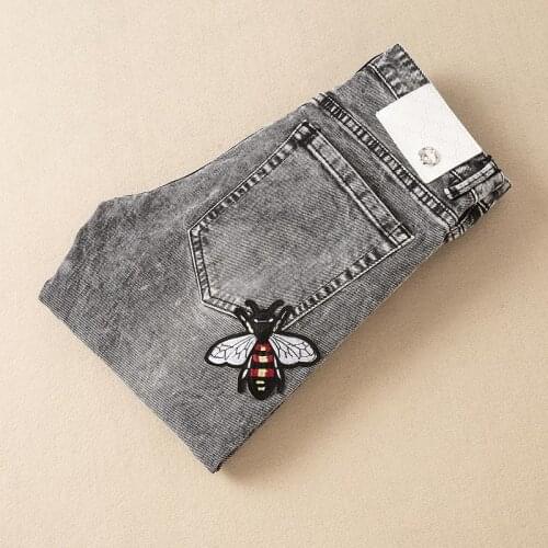 Jeans Personality Retro Smoky Gray Jeans Mens Self-cultivation Feet Stretch Long Pants Flower Gray Wild Trend