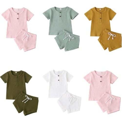 2pcs Set Kids Newborn Baby Boys Girls Ribbed Knitted Short Sleeve T-shirts Shorts Bottoms Outfit Summer Casual Clothes