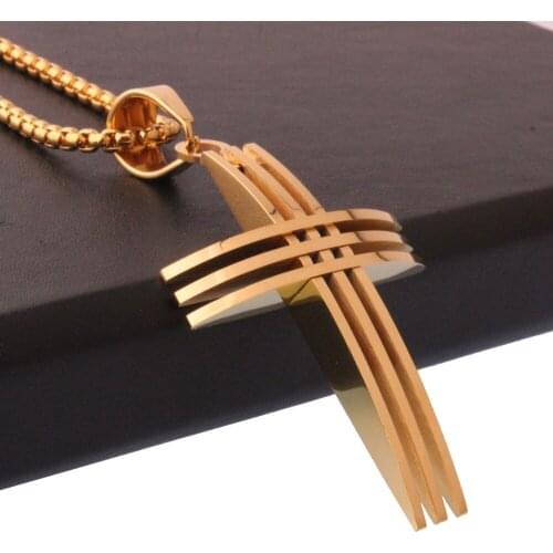 Hot Sale Stainless Steel Link Gold Simple Cross Crucifix Mens Boys Jewelry Pendant Necklace Free Box Chain 24inch Christmas Gift