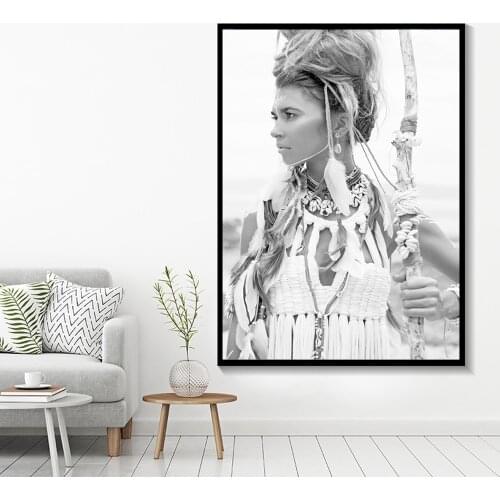 Black White Beautiful Indian Girl Print Vintage Poster Wall Art Canvas Painting Africa Landscape Wall Pictures for Living Room