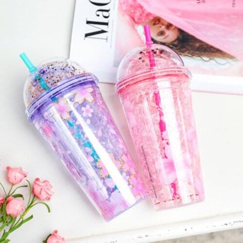 Creative Water Cup Cute Student Gradient Color Cherry Plastic Bottle Tea Milk Drink Cup Coffe Mug Double-layer Cooling Straw Cup