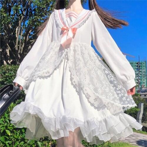 Preppy style Japanese Women Lolita Bowknot Kawai i Long Sleeve Dress JK Uniform Sailor Dresses Girls Party Princess Lace Dress