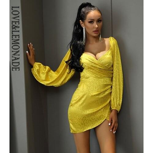 LOVE&LEMONADE Sexy V-Neck Cross-Shaped Leopard Satin Lantern Long Sleeve Dress LM82813