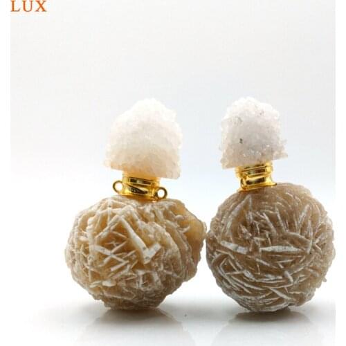 Natural Desert Rose Stone Perfume Bottle Pendant Gold color Plated druzy Crystal Quartz vial Pendant for Necklace making