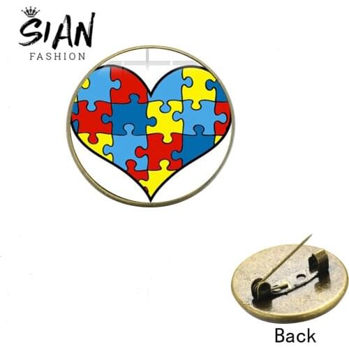 SIAN Autism Awareness Heart Puzzle Jigsaw Brooch Pin Fun Printed Glass Round Collar Pins Decorative Jewelry Autism Children Gift
