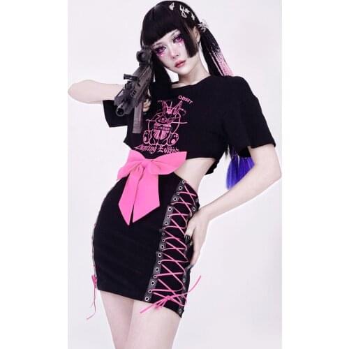 Japanese Harajuku Anime Print Lace-up Bow Tie Tshirt Waist Hollow Out Pink Black Tshirt Dress Slim Sexy Punk Sweet Girls Dress