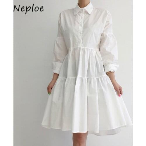 Neploe Turn Down Collar Single Breasted Women Dresses Chic Korean Solid Color Dress Lantern Long Sleeve High Waist Vestidos