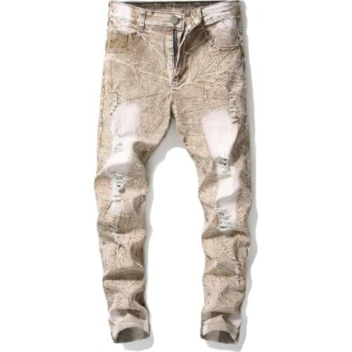 Ripped Cotton Destressed Denim Mens Snow Washed Stretch Moto Pants khaki Biker Jeans Straight Slim Trousers Size 30-44
