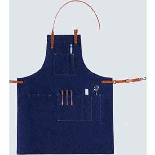 Blue Black Denim Bib Apron Leather Strap Barista Cafe BBQ Chef Bar Uniform Florist Barber Tattoo Artist Painter Work Wear K8N