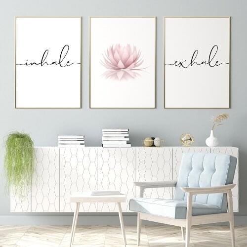 Nordic Inhale Exhale Letters Posters Print Pink Blue Floral Canvas Painting Zen Wall Art Lotus Flower Pictures Livingroom Decor