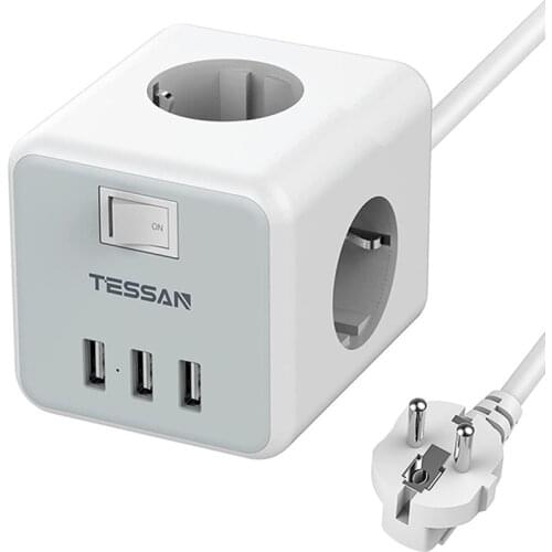 TESSAN EU Power Strip Socket Travel Power Strip with 3 Outlets 3 USB Ports On/Off Switch 1.5m Extension Cord and EU Plug