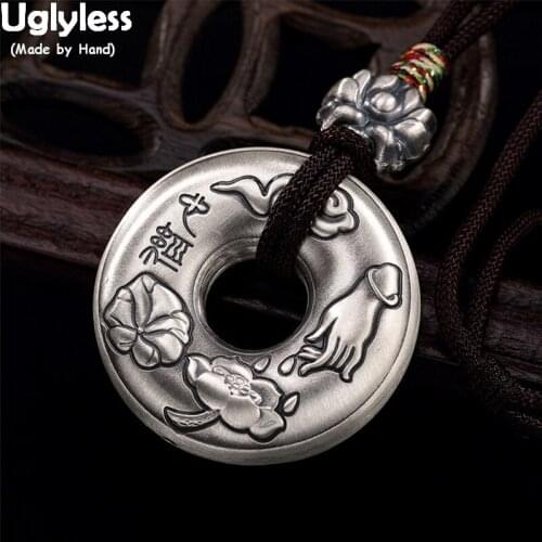 Uglyless Real 99.9% Full Silver Buddha Hand Lotus Leaves Pendants WITH Rope chain Heart Sutra Buddhism Necklaces Buttons Jewelry