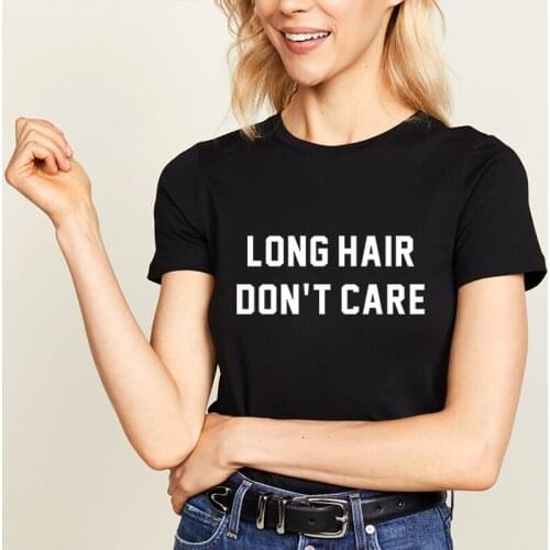 LONG HAIR DON'T CARE Funny Womens T-shirts Streetwear Leisure tshirt letter printed lady t-shirt top ropa de mujer