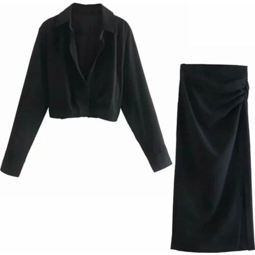 Nlzgmsj Za Womens Suit With Skirt V-neck Long Sleeve Vintage Green Top + Mid-length Skirt High Waist Skirts Sets 202107