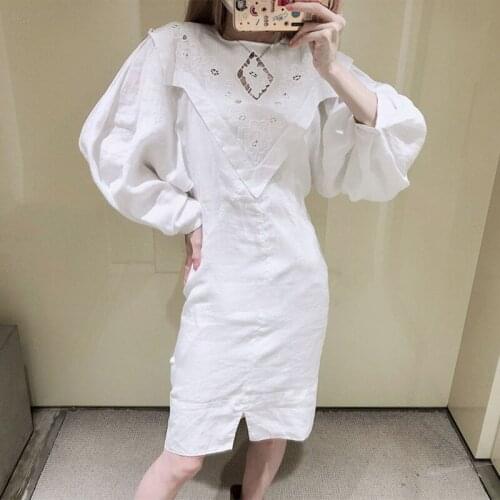 2021 Autumn Women White Front Split Linen Dress Embroidery Hollow Out Ladies Long Sleeve Slim White O-Neck Short Robe