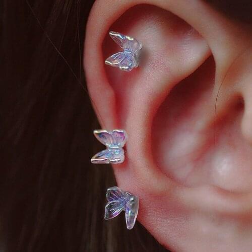 1PC Mini Butterfly Stud Tragus Earring For Women Jewelry Decoration Acrylic Rainbow Titanium Steel Screw Piercing Helix Earring