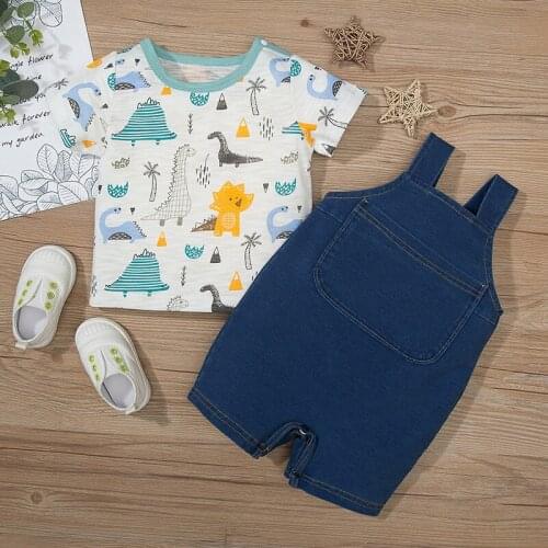 2021 Baby Boy Clothes Summer Set Two-piece Leisure Sports Boy Cartoon dinosaur Printed Top + Overalls Blue