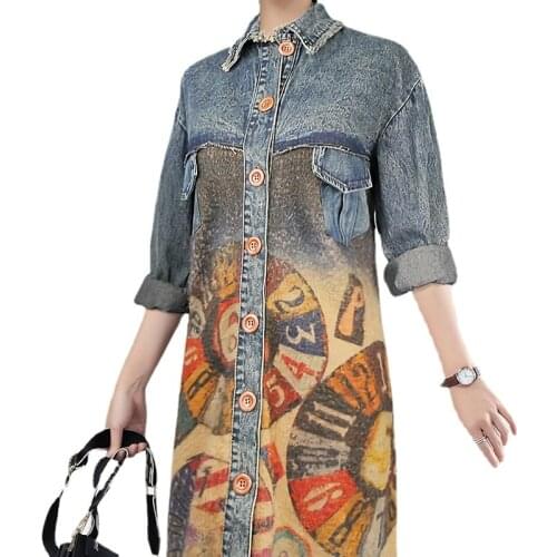 2021 Spring Autumn Street Hipster Jeans Caremere Denim Printed Cardigan Knitted Roulette Wheel Pattern Coat Women Winter Coats