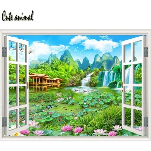 5D diamond painting full square drill Waterfall lotus house flower scenery window diamond embroidery cross stitch diamond Mosaic