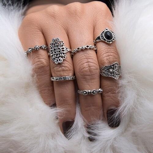 7pcs Womens Punk Style Silver Gem Stone Midi Above Knuckle Ring Jewerly Gifts