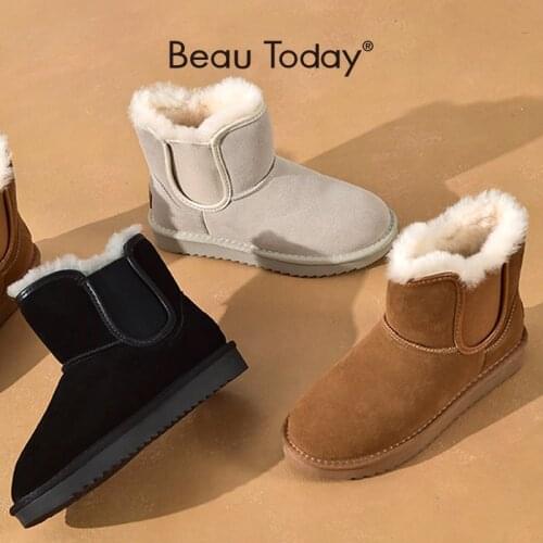 BeauToday Snow Boots Women Kid Suede Leather Chelsea Boots Elastic Band Jagged Sole Ladies Winter Warm Fur Shoes Handmade 08029