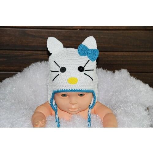 Free shipping,New Handmade Knit Crochet cyan bow cat Baby Hats Beanies Newborn Photo Prop