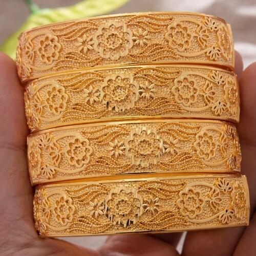 24k 4Pcs/lot Dubai Gold Color Big Bangles For Women Girls African wedding Jewelry Bride Flower Bracelet Wedding Jewelry