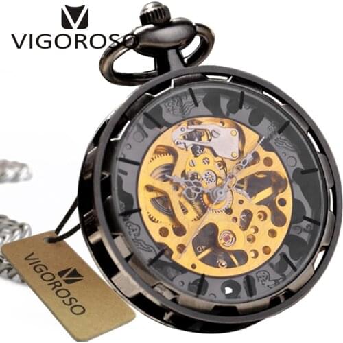 Black Steel Steampunk Skeleton Mechanical Pocket Watch Open Face Hand Wind Fashion Pendant Clock Men Women Gifts With Fob Chain