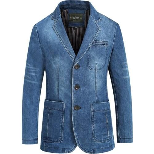 Denim Jacket Men Autumn Blazer Jacket Slim Fit Military Jacket Single Breasted Turn-down Collar Jeans Coat Plus Size XXXXL