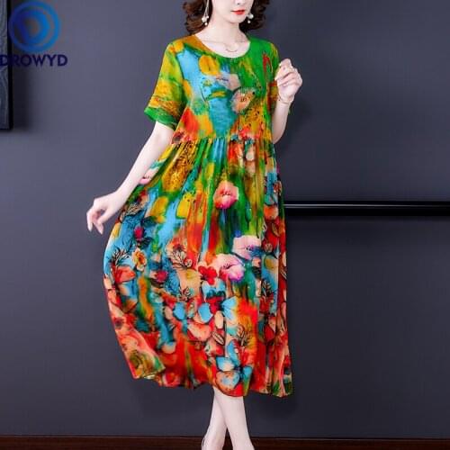 Elegant O-neck Silk Dress 2021 Summer New Fashion Temperament Color Contrast Loose and Thin Mid-length Over-the-knee Long Dress
