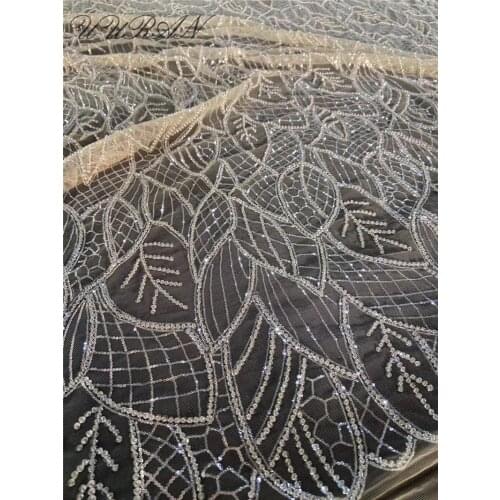 French Net Lace Fabric PWD2032039 Heavy Beads Sequins 5 Yards Embroidered Lace Material African Tulle Lace Fabric High Quality