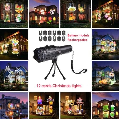 Halloween Christmas Projector Lamp Holiday Party LED Stage Light Snowflake Landscape 12 Pattern Card Flashlight Film Projection
